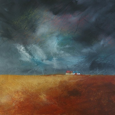 Painting of a Caithness croft with a dramatic sky
