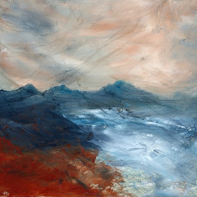 Painting in muted colours of a stormy Ardnamurchan