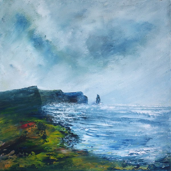Modern impressionist seascape painting and prints of coastal a sea stack